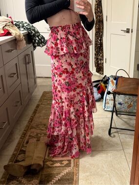Misa Los Angeles Pink Red Floral Tiered Maxi Skirt